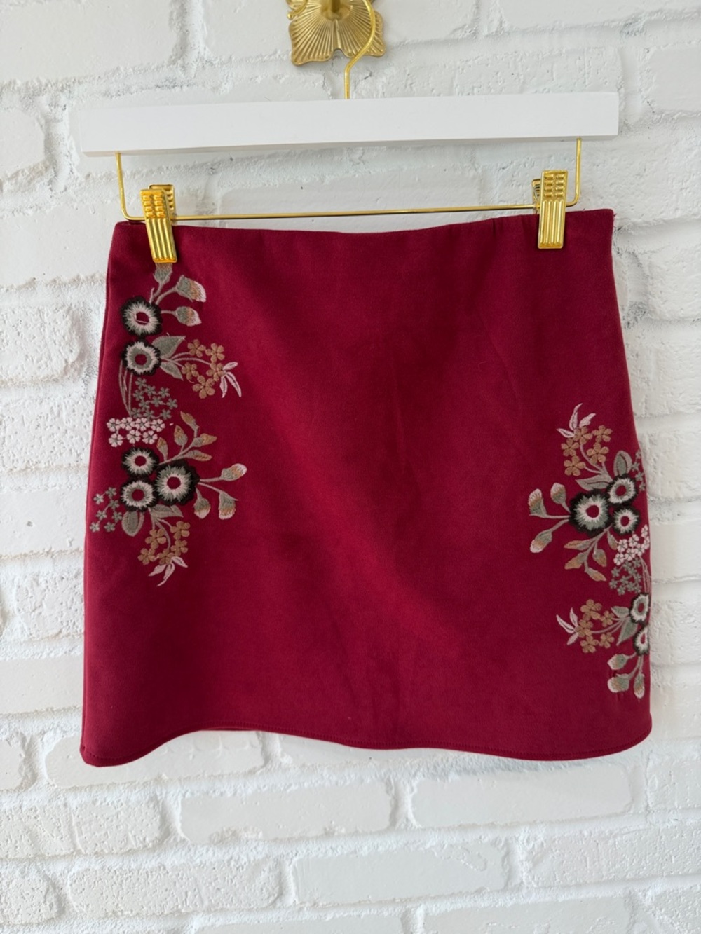 Francesca's Collections Wine Red Embroidered Mini Skirt